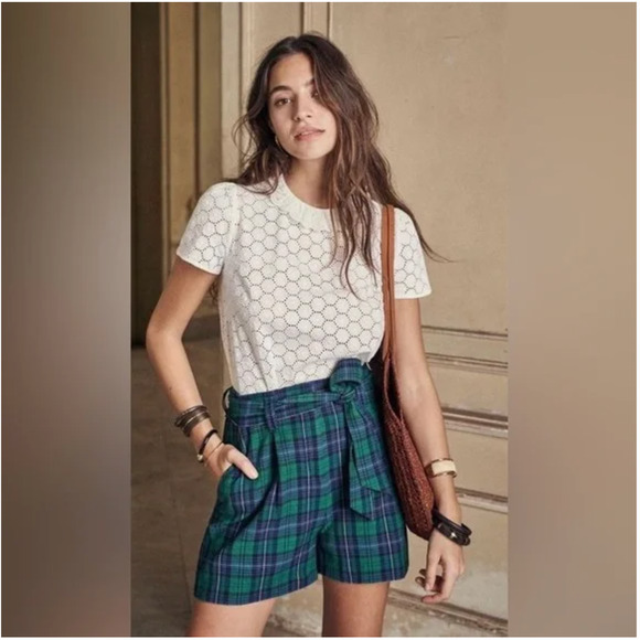 Sezane Lucas Shorts Green Plaid Dressy Green Blue Tie Waist Size 36 US 4 EUC - Picture 5 of 5